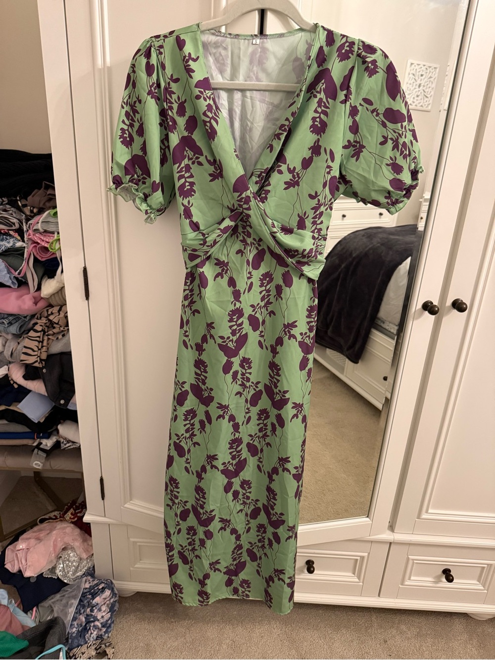 Green and Purple Floral Twist-Front Maxi Dress